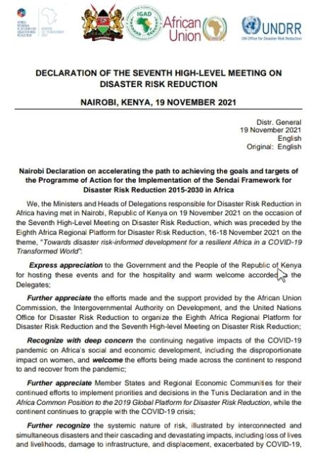 Nairobi Declaration on accelerating the path to achieving the goals and targets of  the Programme of Action for the Implementation of the Sendai Framework for  Disaster Risk Reduction 2015-2030 in Africa